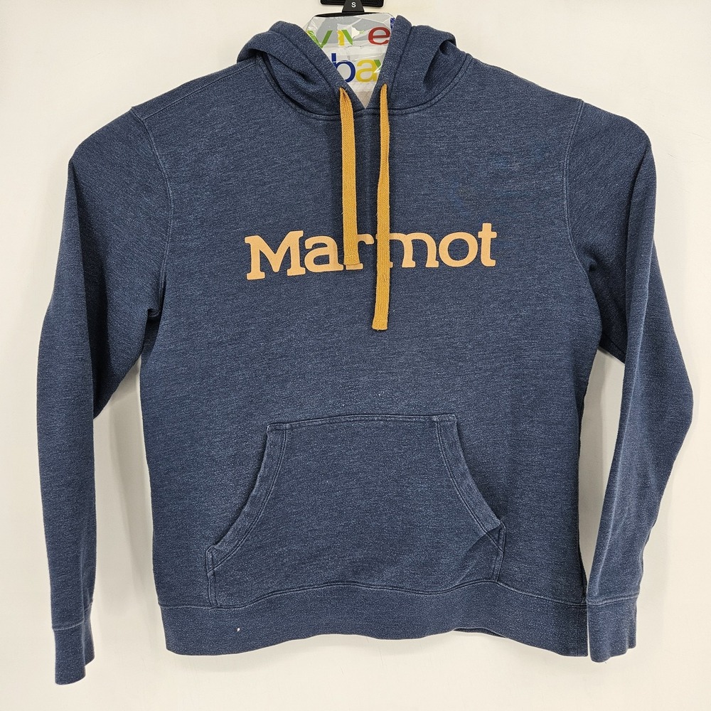 Marmot Hoodie Mens Large Blue Yellow Pullover Spell Out Logo Sweatshirt Outdoors
